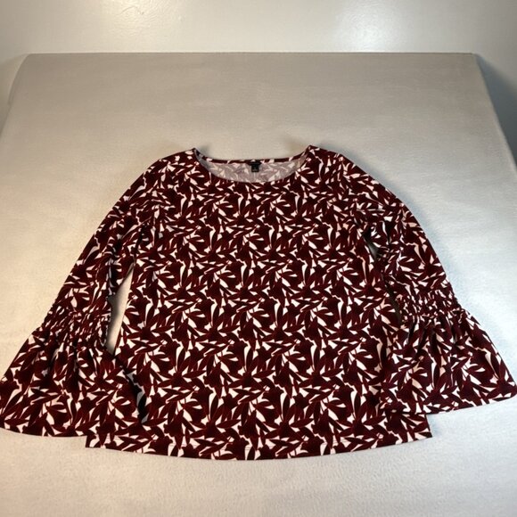 Ann Taylor Tops - Ann Taylor Burgundy Floral Stretch Top‎ Long Smocked Bell Sleeves Med